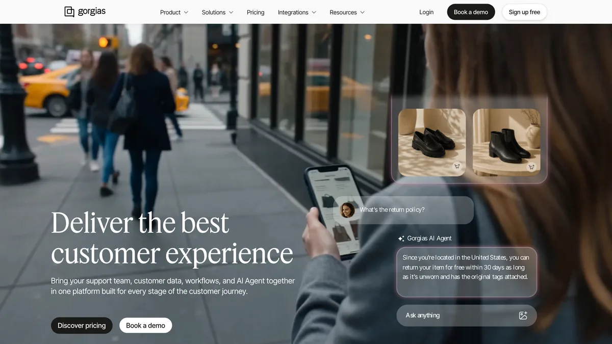 Gorgias homepage with the headline "Deliver the best customer experience" beside an AI Agent answering a return policy question