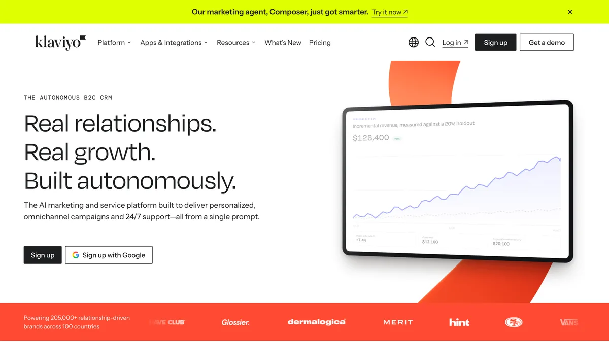Klaviyo homepage with the headline "Real relationships. Real growth. Built autonomously." beside a chart of incremental revenue