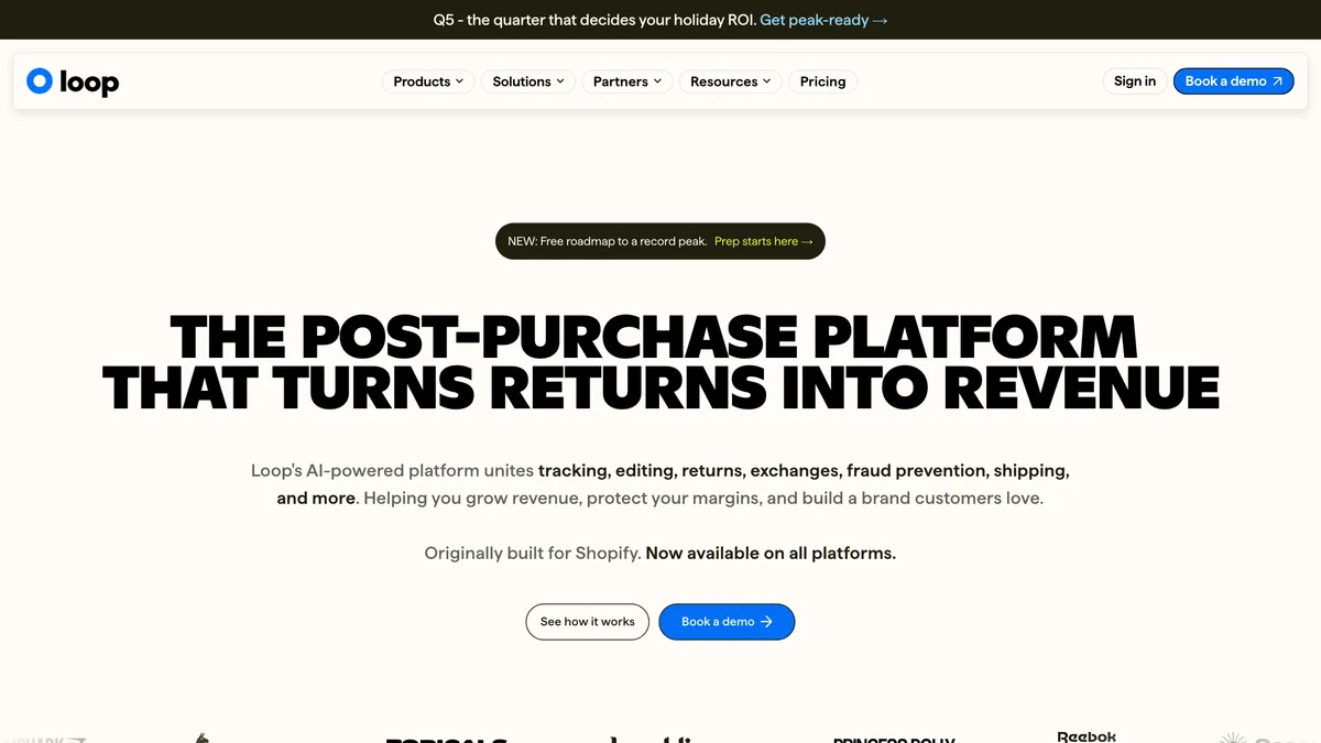 Loop homepage with the headline "The post-purchase platform that turns returns into revenue"