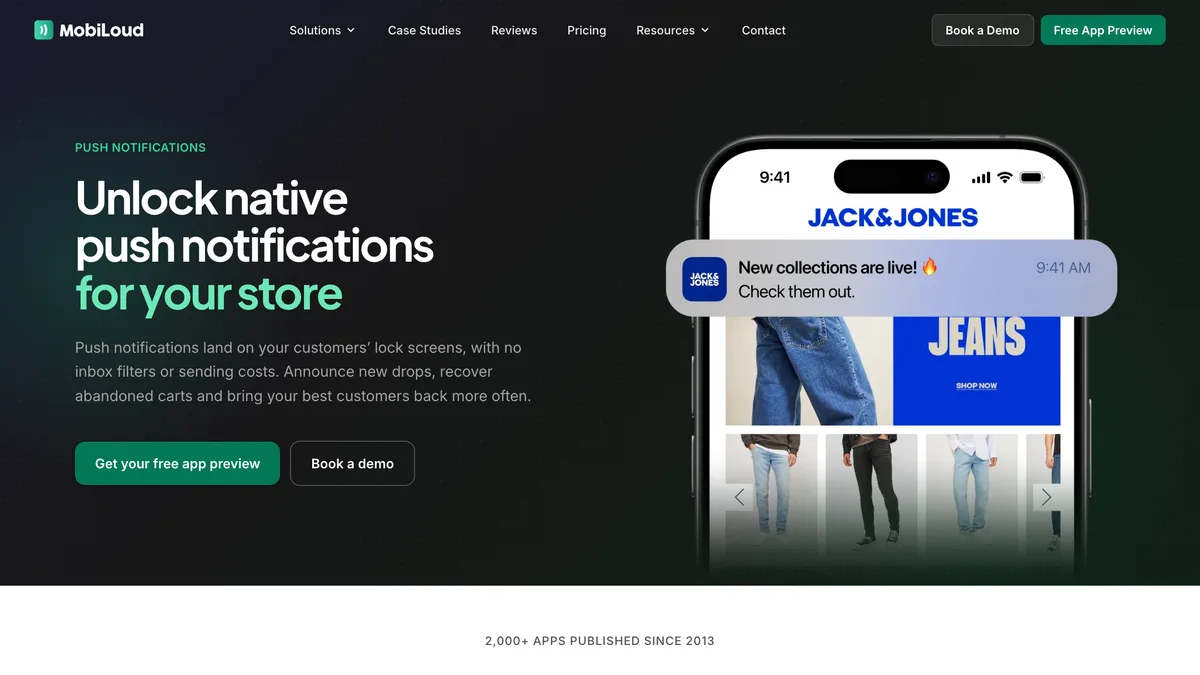 MobiLoud push notifications page with the headline "Unlock native push notifications for your store" beside a Jack & Jones app showing a notification