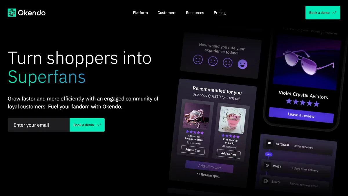 Okendo homepage with the headline "Turn shoppers into Superfans" beside examples of a review request, product quiz and survey