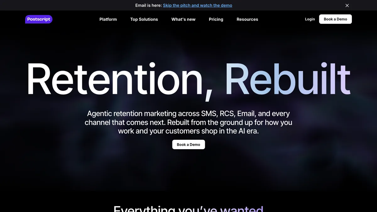 Postscript homepage with the headline "Retention, Rebuilt" and a description of agentic retention marketing across SMS, RCS and email