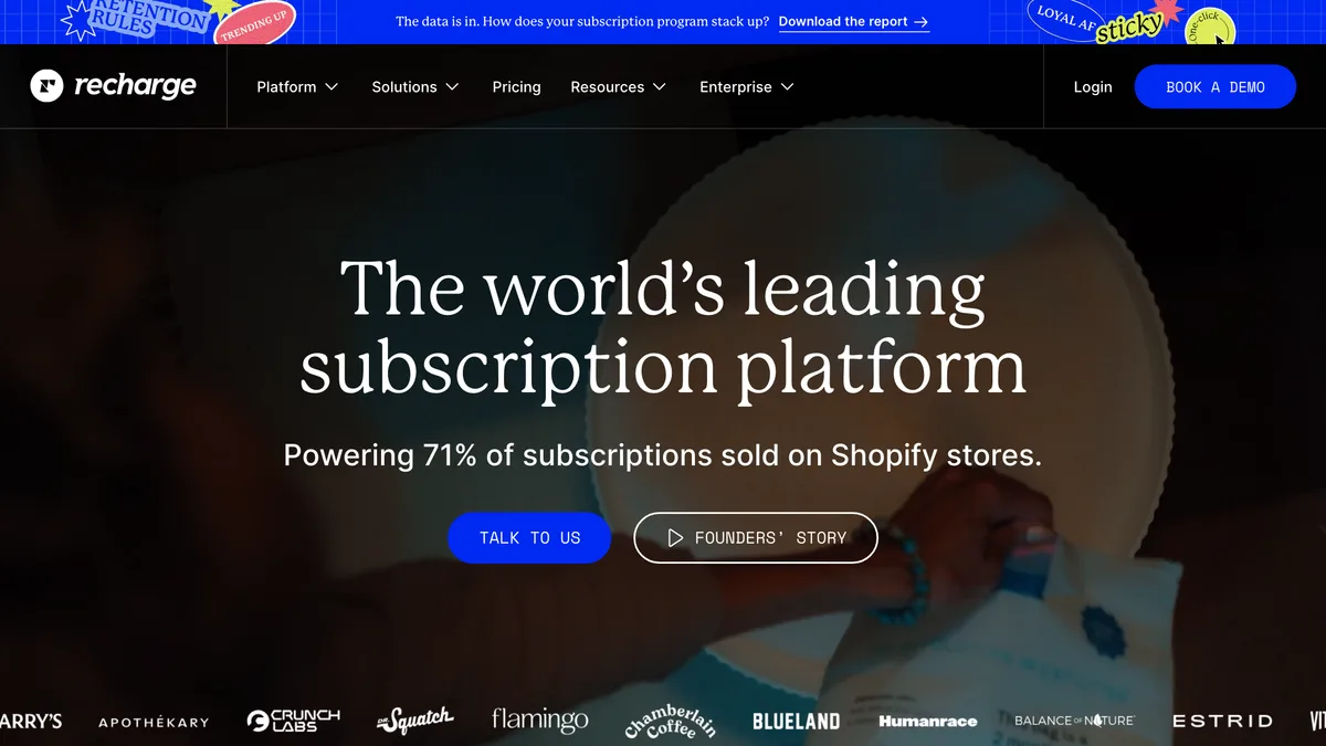 Recharge homepage with the headline "The world's leading subscription platform" and the line "Powering 71% of subscriptions sold on Shopify stores"