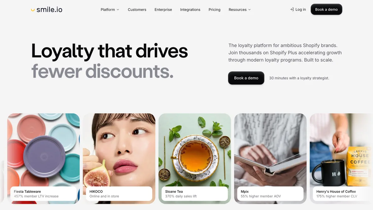 Smile.io homepage with the headline "Loyalty that drives fewer discounts." above customer results such as Fiesta Tableware's 457% member LTV increase
