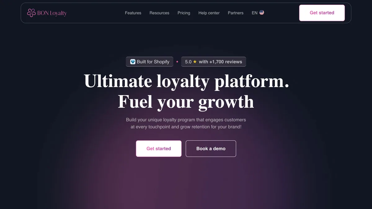 BON Loyalty homepage with a Built for Shopify badge and "5.0 with +1,700 reviews" above the headline "Ultimate loyalty platform. Fuel your growth"