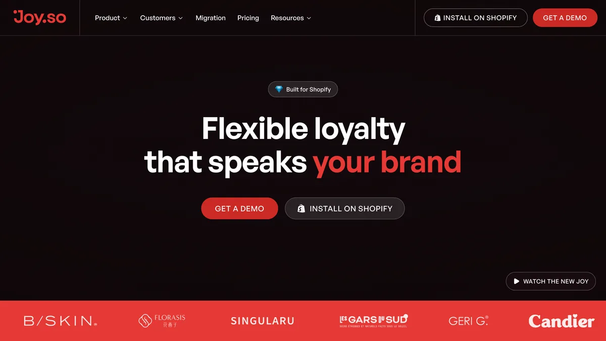 Joy homepage with a Built for Shopify badge above the headline "Flexible loyalty that speaks your brand" and buttons to get a demo or install on Shopify