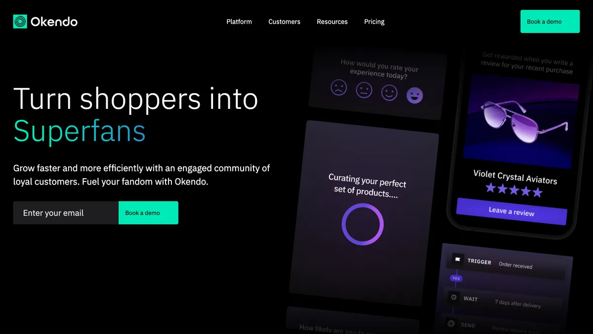 Okendo homepage with the headline "Turn shoppers into Superfans" beside app screens for a satisfaction survey, a product quiz and a review request for "Violet Crystal Aviators"