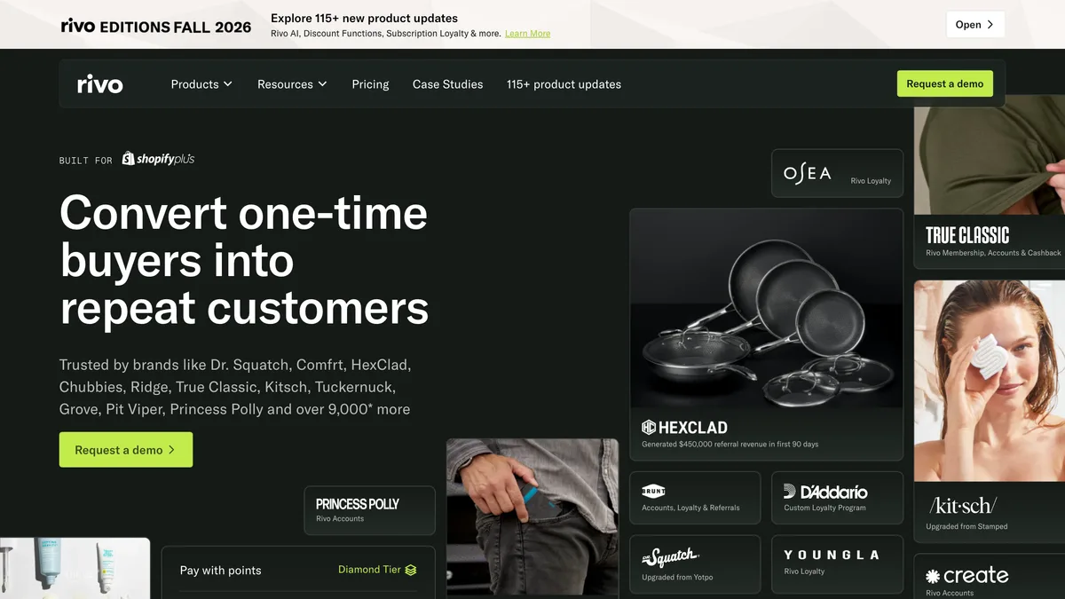 Rivo homepage with the headline "Convert one-time buyers into repeat customers" beside tiles for customer brands including HexClad, OSEA and True Classic