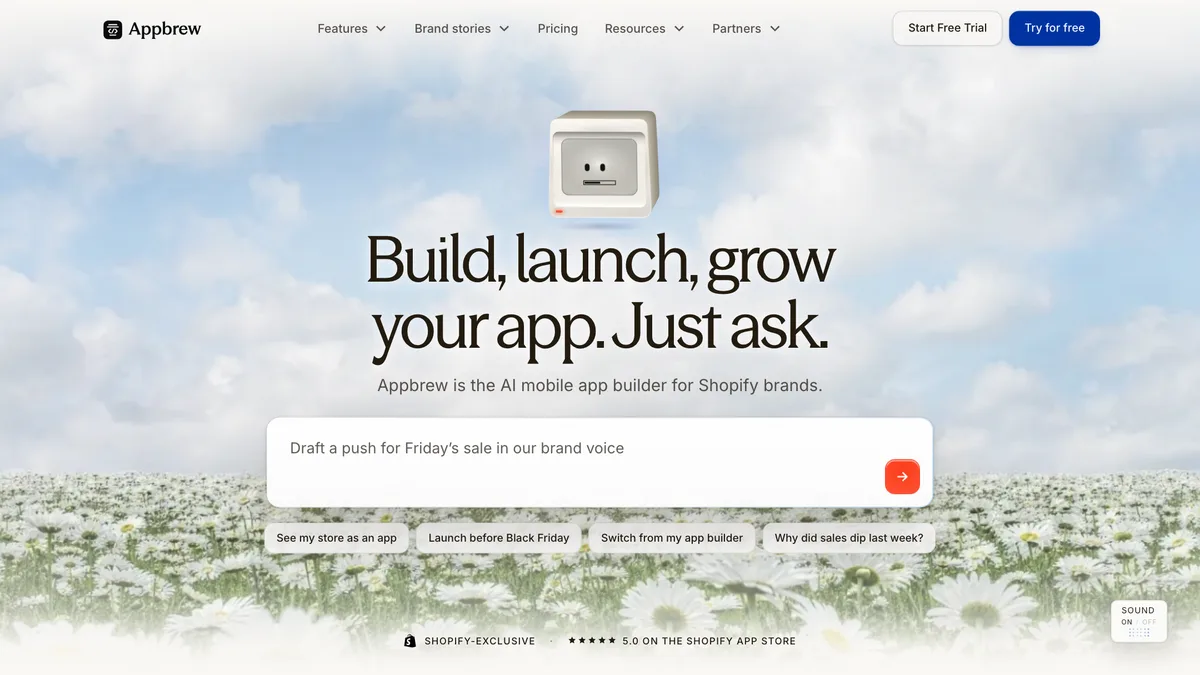 Appbrew homepage with the headline "Build, launch, grow your app. Just ask." above a prompt box reading "Draft a push for Friday's sale in our brand voice"