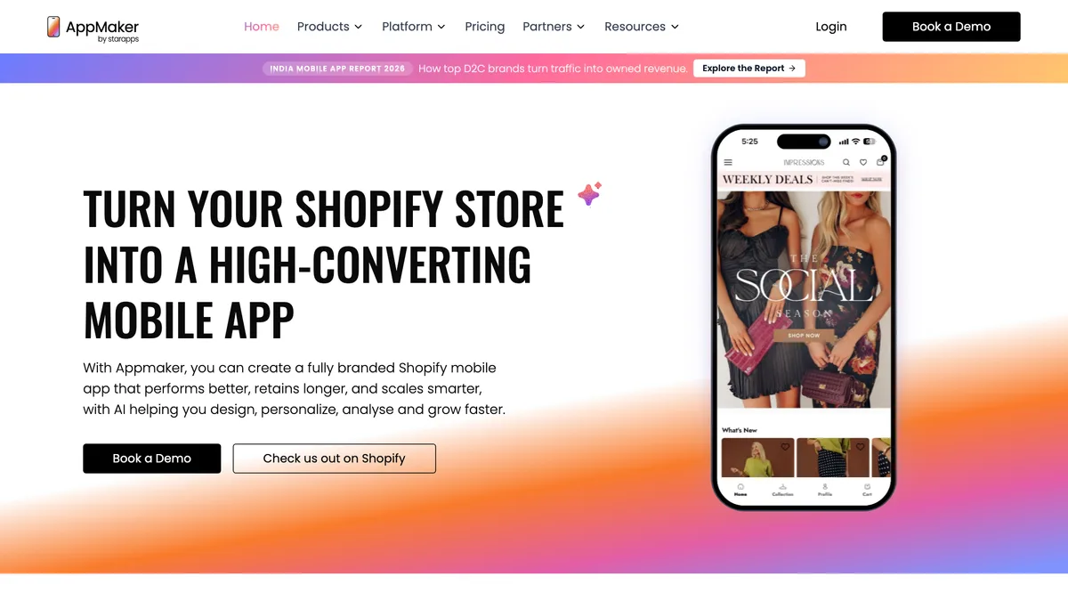 Appmaker homepage with the headline "Turn your Shopify store into a high-converting mobile app" beside a phone showing a weekly deals screen