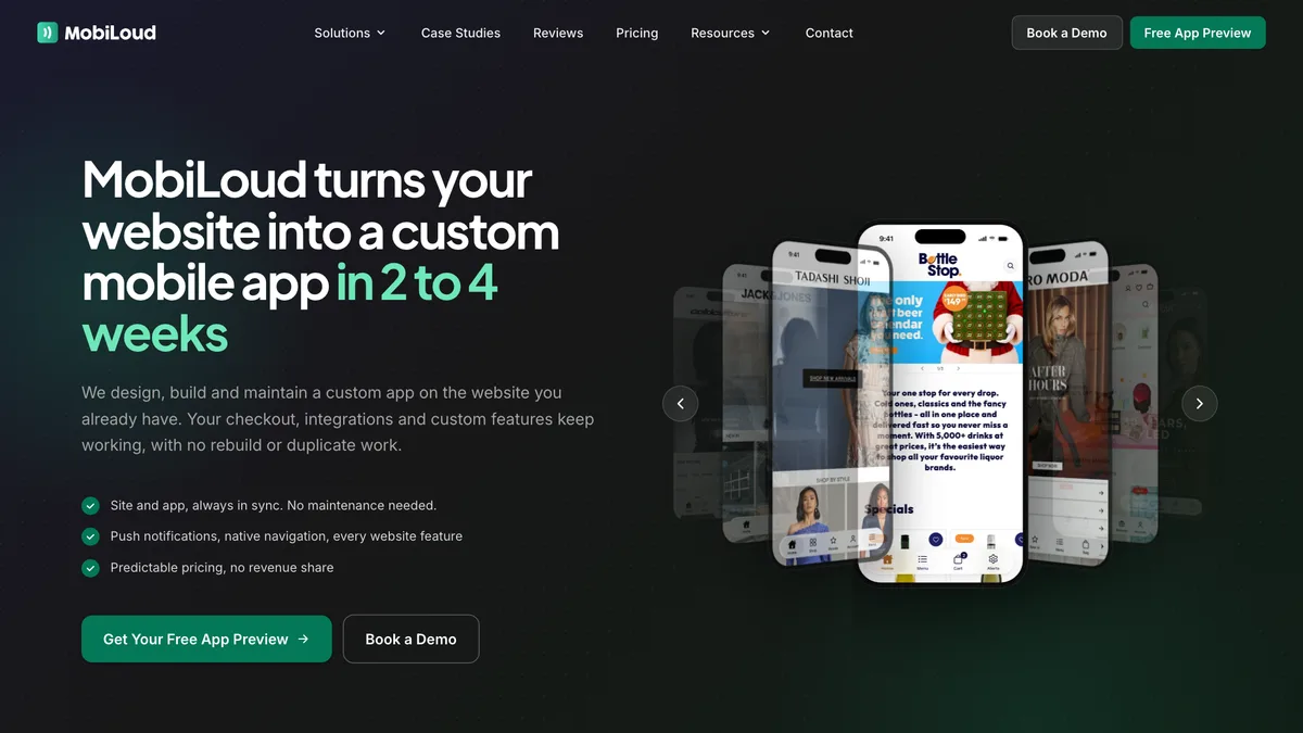 MobiLoud homepage with the headline "MobiLoud turns your website into a custom mobile app in 2 to 4 weeks" beside a carousel of customer apps