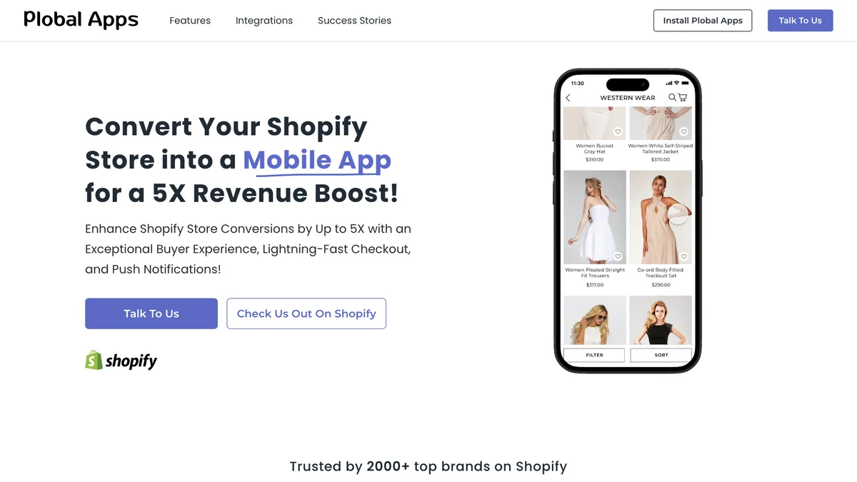 Plobal Apps homepage with the headline "Convert Your Shopify Store into a Mobile App for a 5X Revenue Boost!" beside a phone showing a fashion catalog