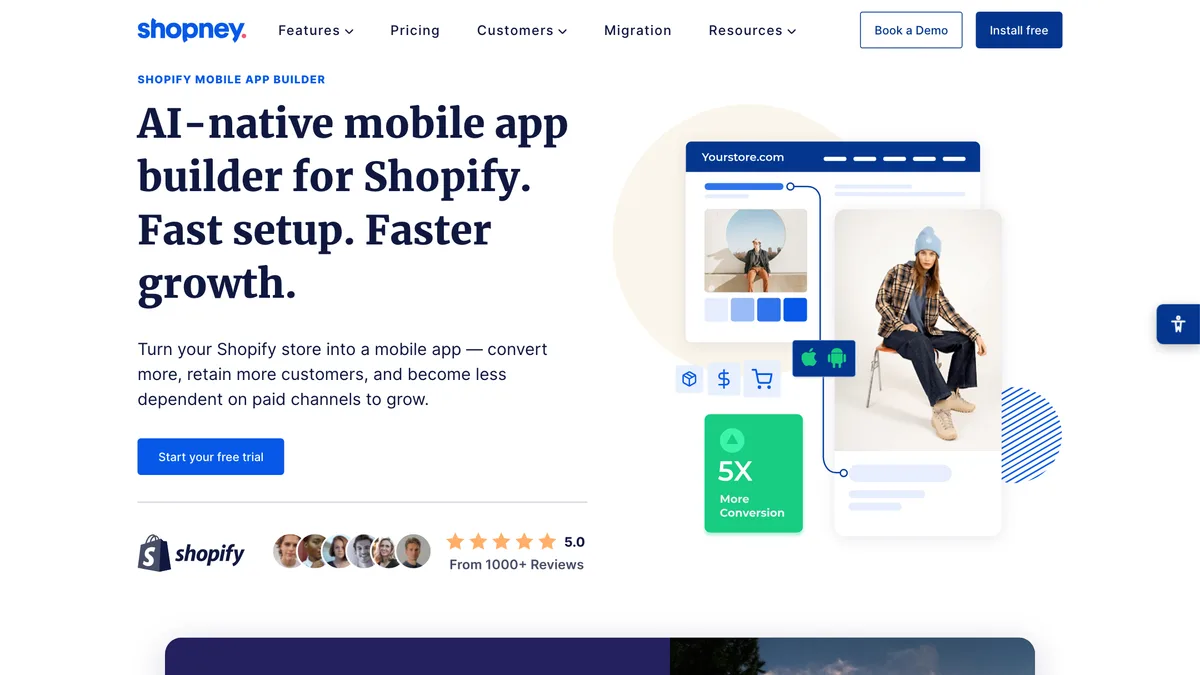 Shopney homepage with the headline "AI-native mobile app builder for Shopify. Fast setup. Faster growth." and a 5.0 rating from 1000+ reviews