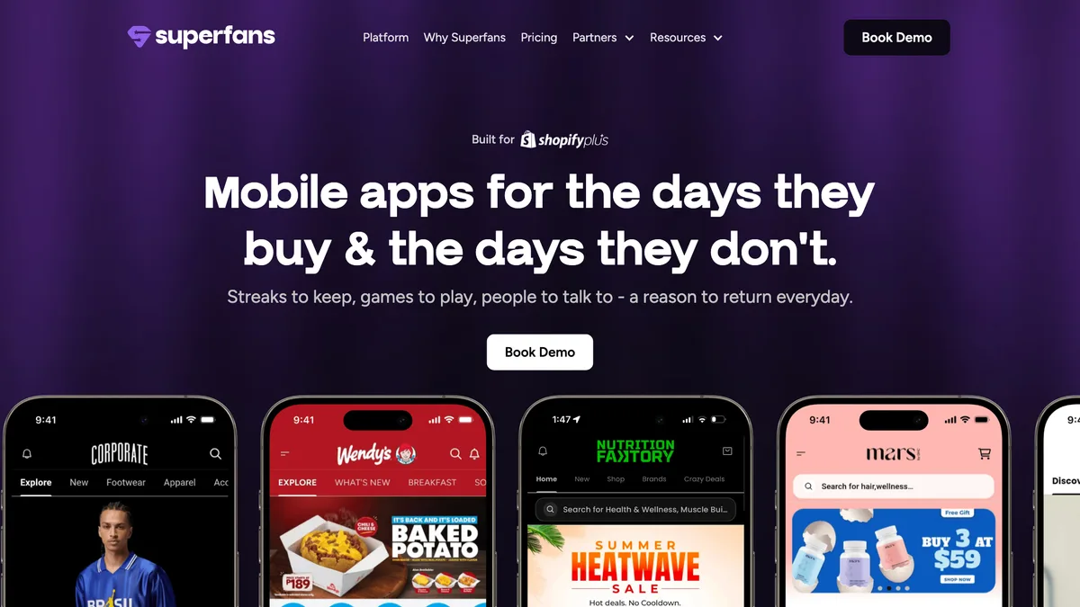 Superfans homepage with the headline "Mobile apps for the days they buy & the days they don't" above a row of brand apps