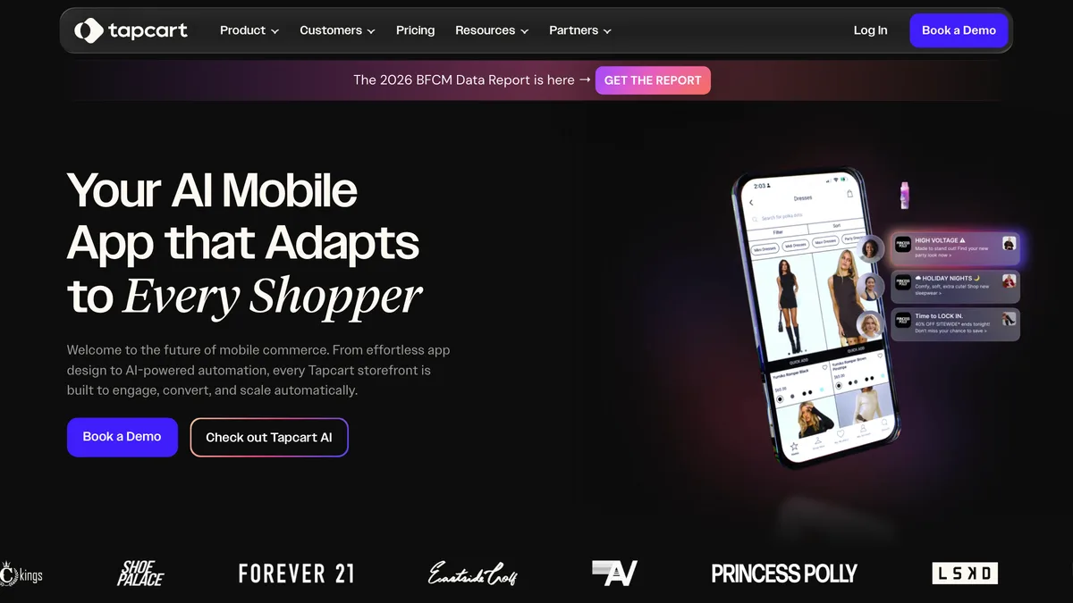 Tapcart homepage with the headline "Your AI Mobile App that Adapts to Every Shopper" beside a phone showing a fashion app and push notifications
