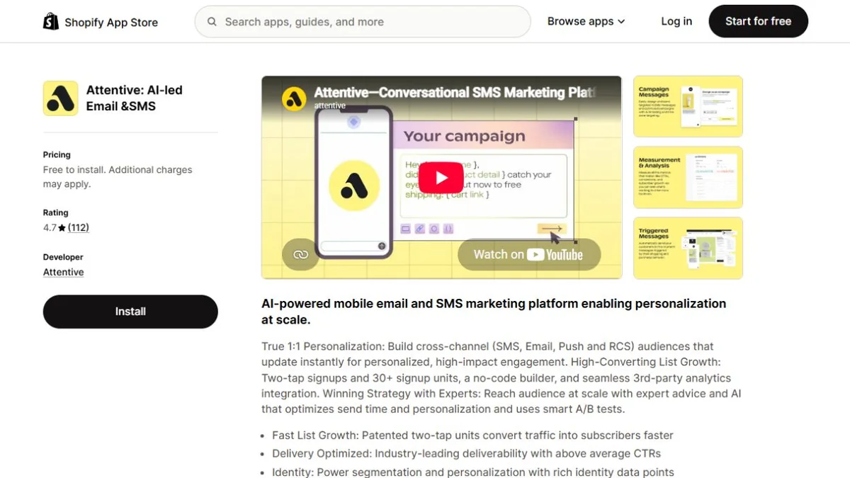 Attentive Shopify App Store listing
