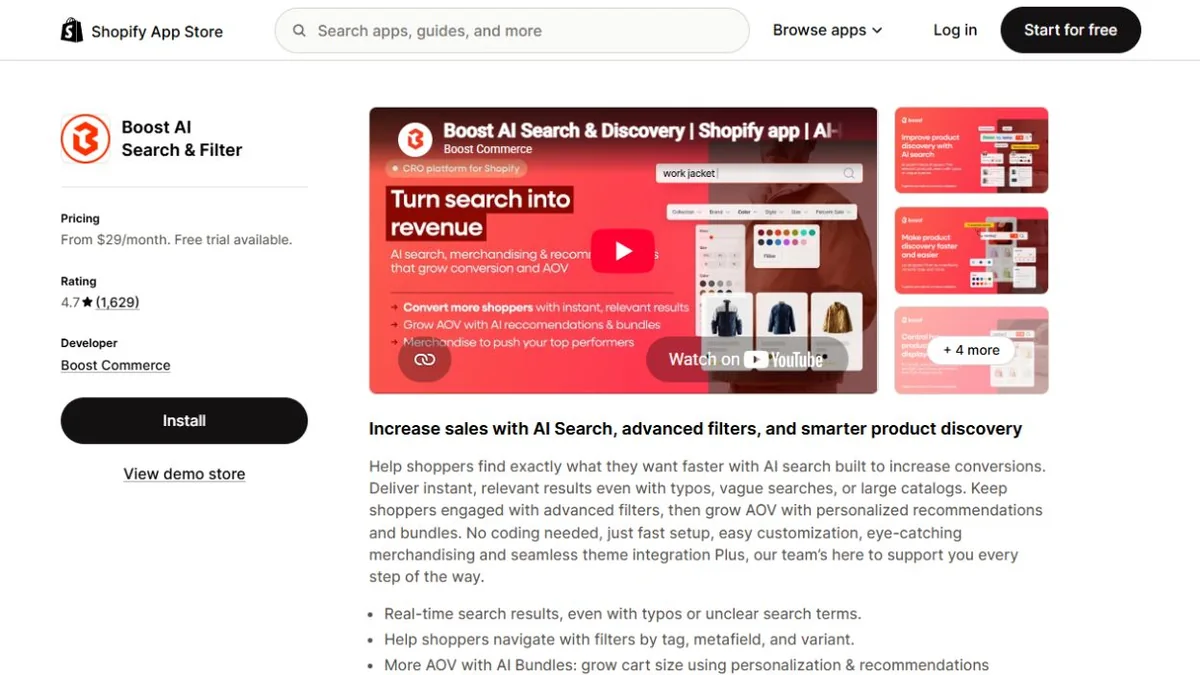 Boost AI Search & Filter Shopify App Store listing