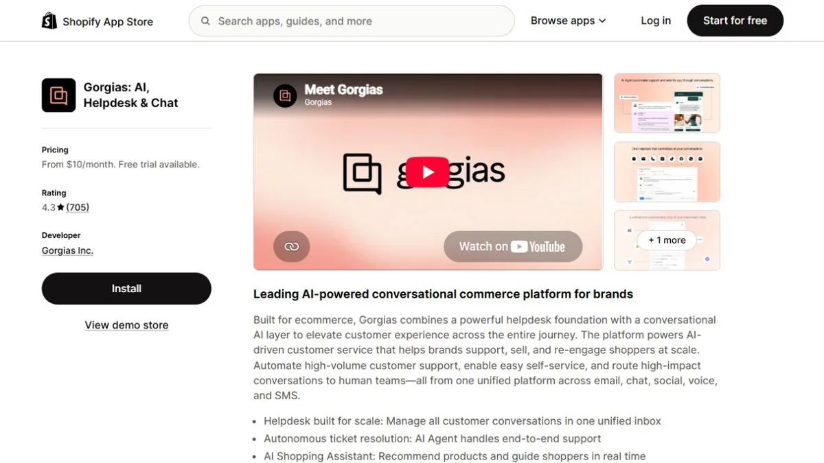 Gorgias Shopify App Store listing