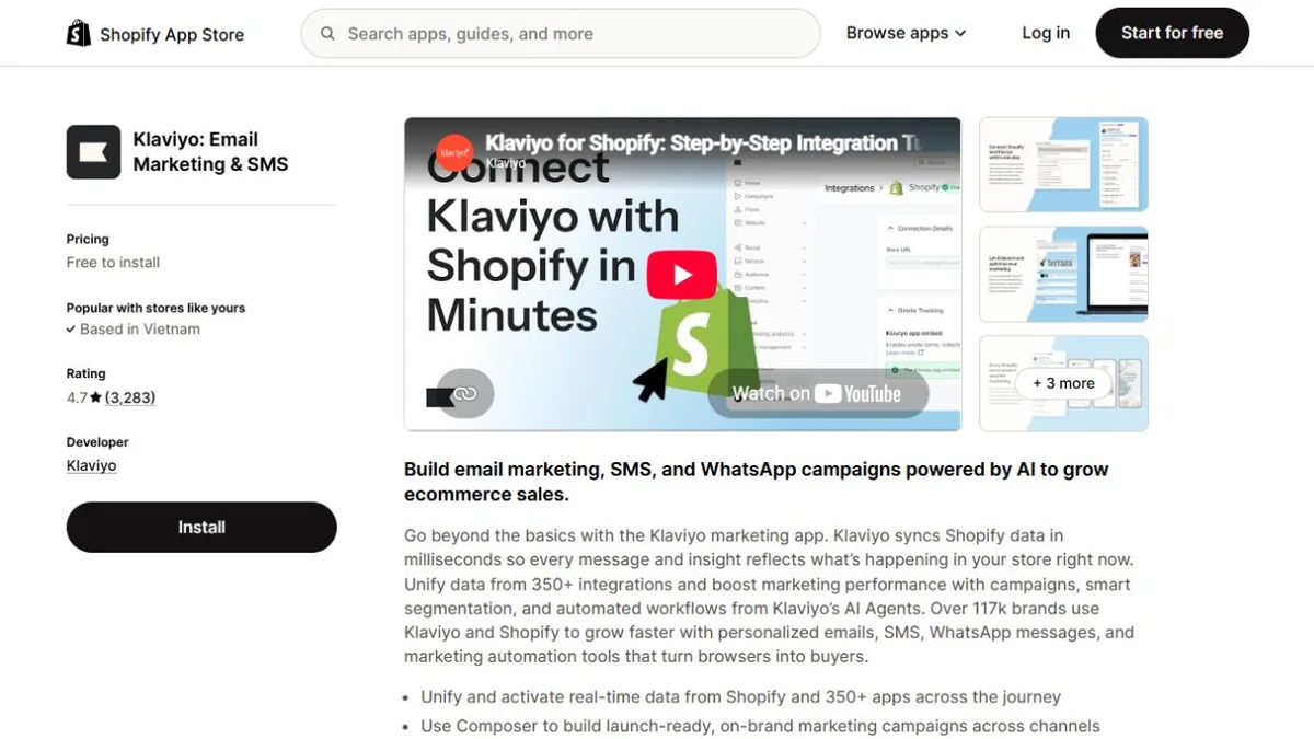 Klaviyo Shopify App Store listing
