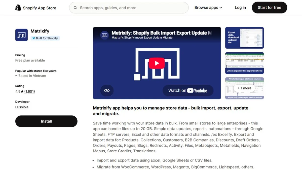 Matrixify Shopify App Store listing
