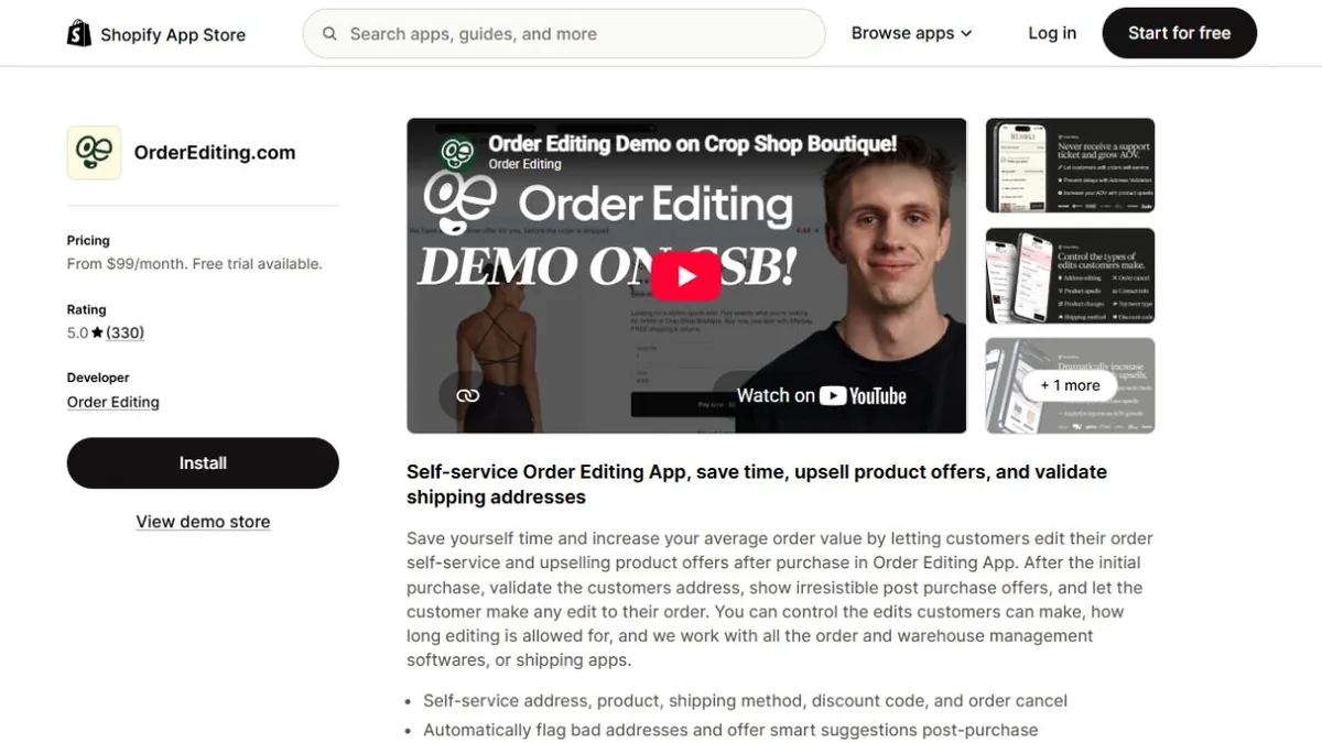 OrderEditing.com Shopify App Store listing