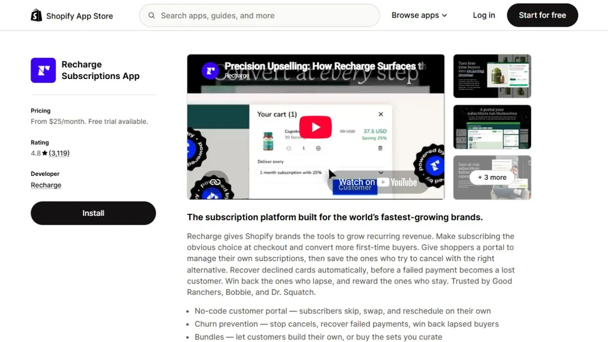 Recharge Shopify App Store listing