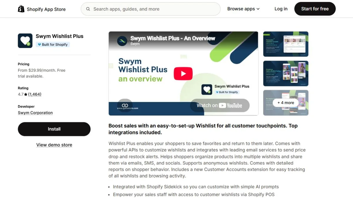 Swym Wishlist Plus Shopify App Store listing