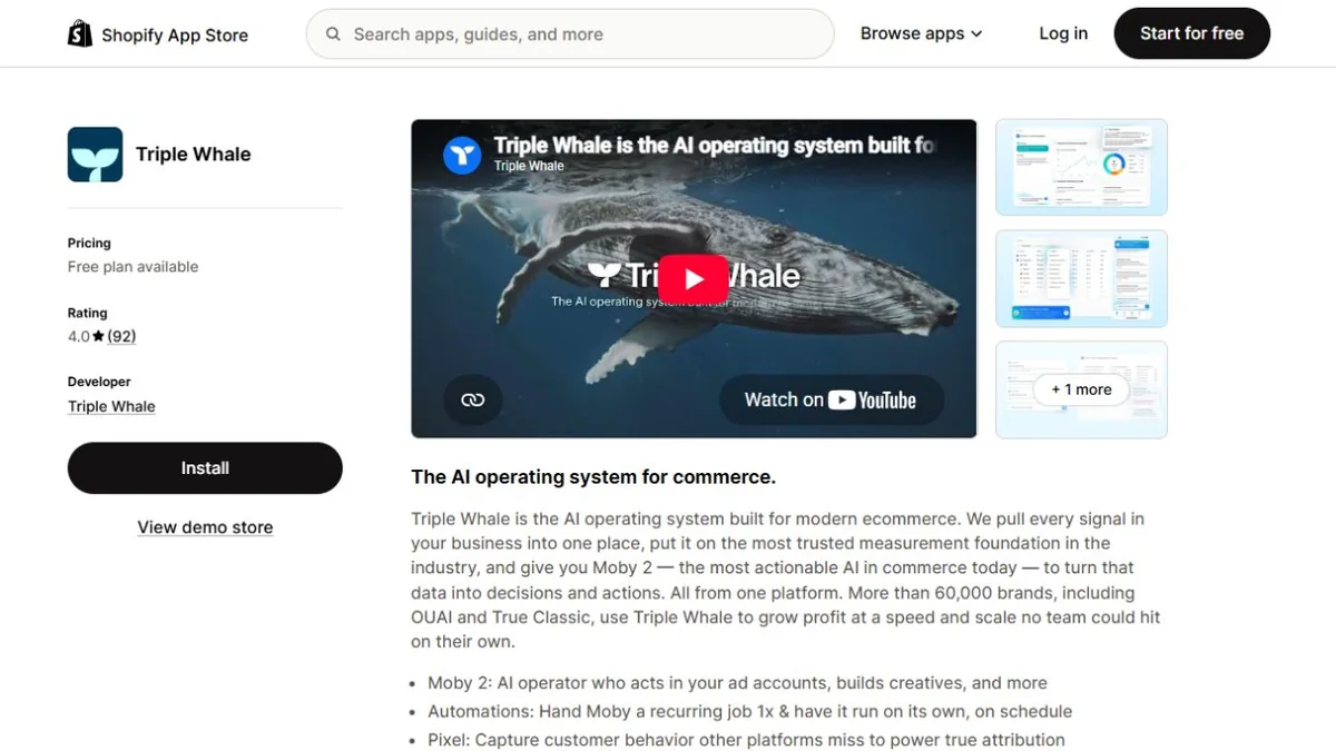 Triple Whale Shopify App Store listing
