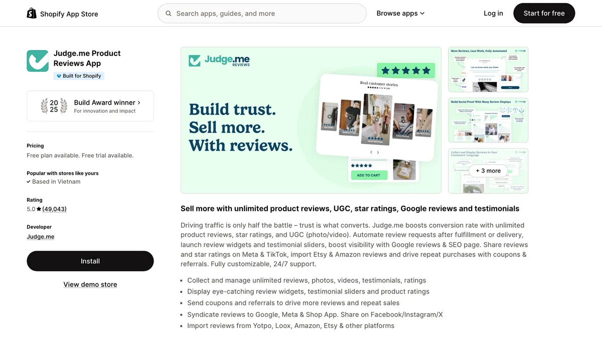 Judge.me's Shopify App Store listing with the Built for Shopify badge, a 5.0 rating and a banner reading "Build trust. Sell more. With reviews."