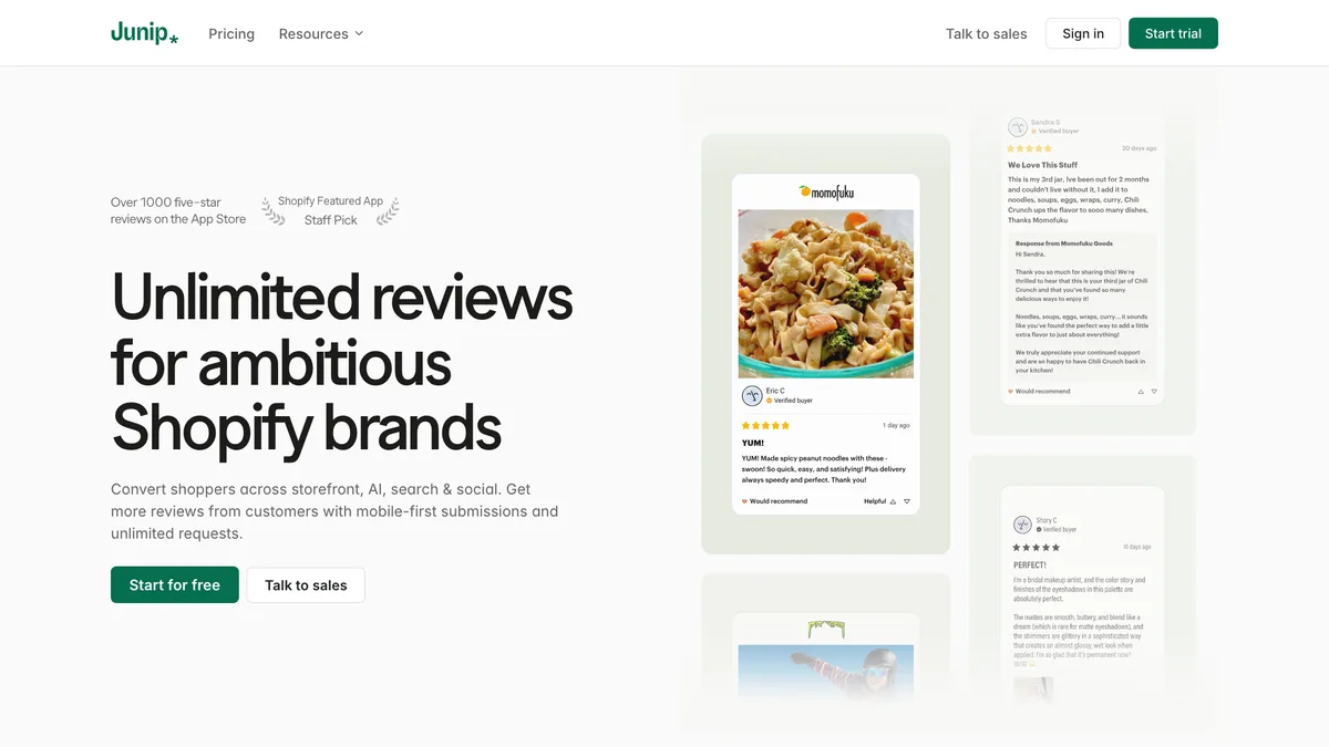 Junip homepage with the headline "Unlimited reviews for ambitious Shopify brands" beside example product reviews