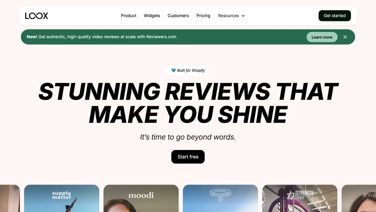 Loox homepage with the headline "Stunning reviews that make you shine" above a row of customer video reviews