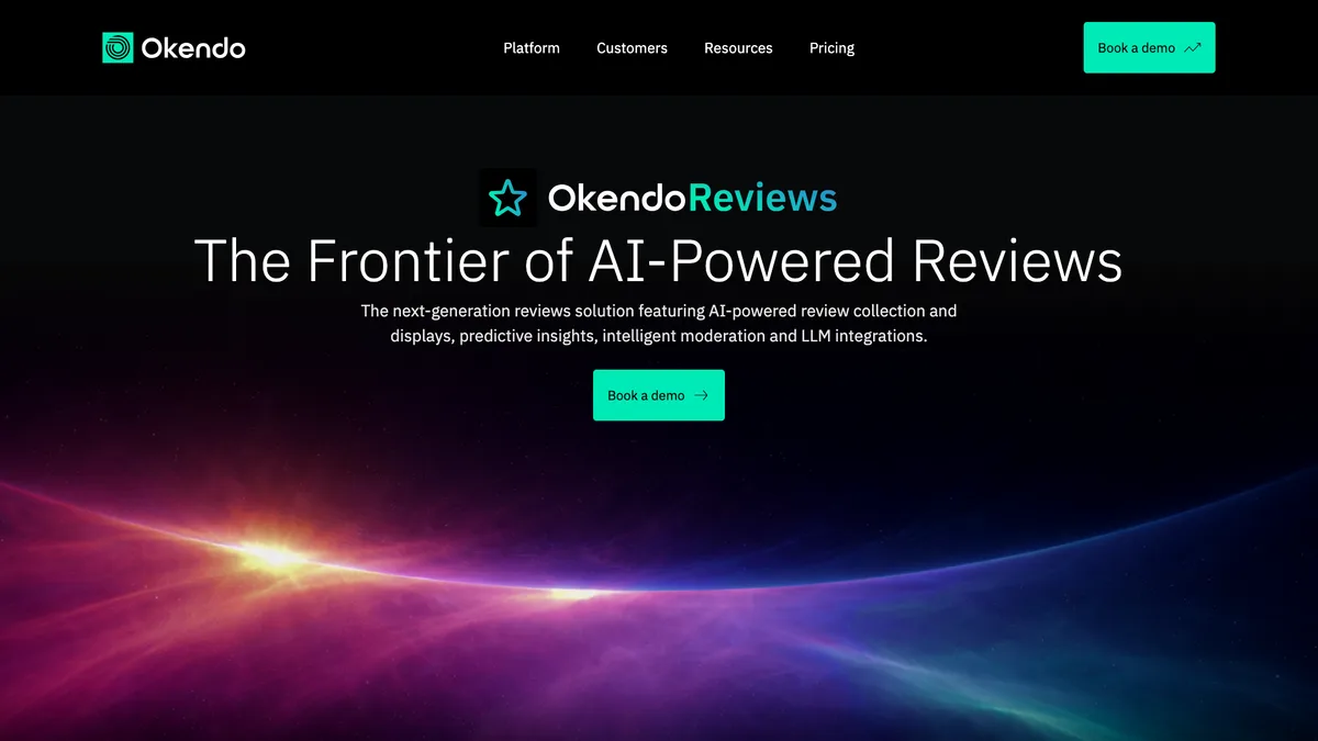 Okendo Reviews page with the headline "The Frontier of AI-Powered Reviews" above a line about AI-powered review collection and predictive insights