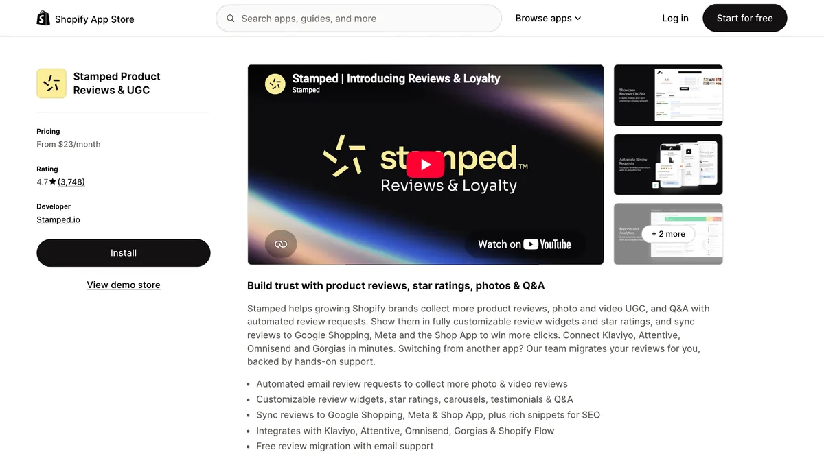 Stamped's Shopify App Store listing for Stamped Product Reviews & UGC, priced from $23 a month with a 4.7 rating