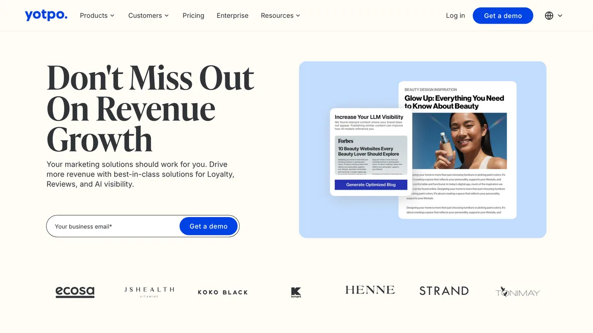Yotpo homepage with the headline "Don't Miss Out On Revenue Growth" offering solutions for loyalty, reviews and AI visibility