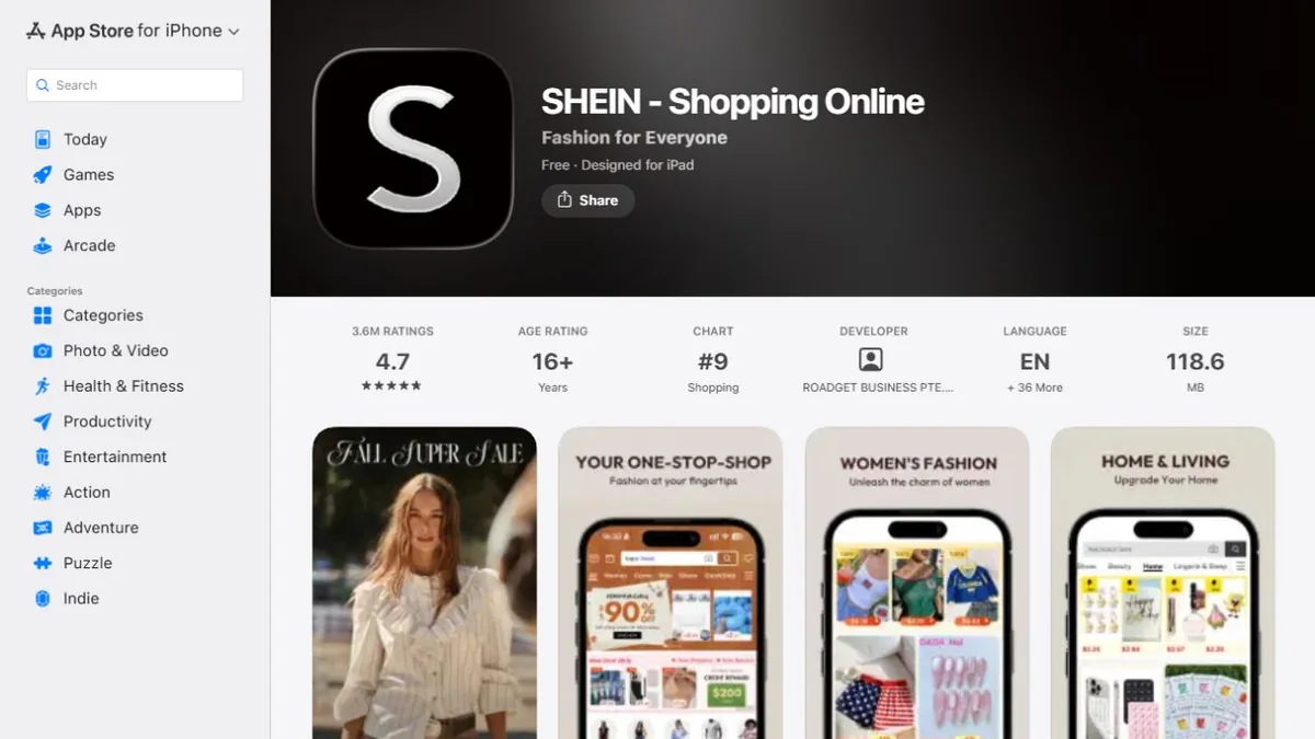 Shein Apple App Store listing