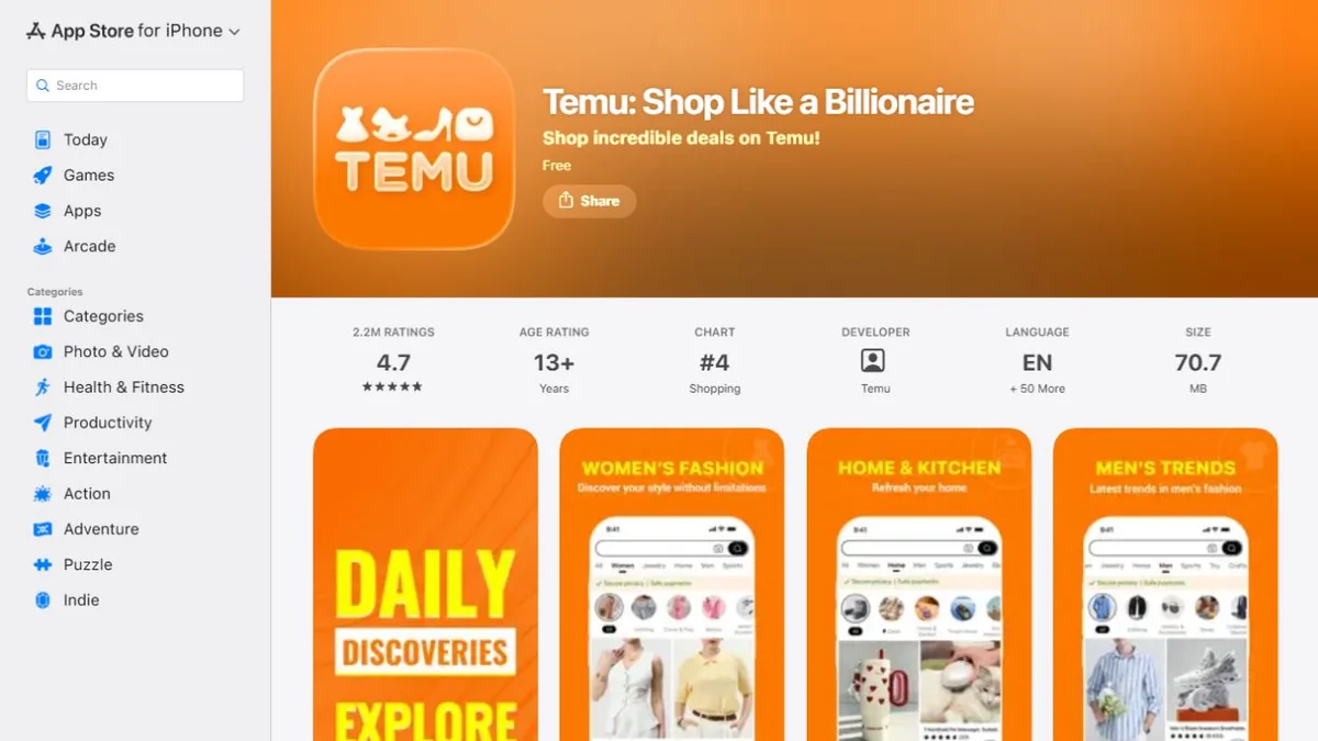 Temu Apple App Store listing