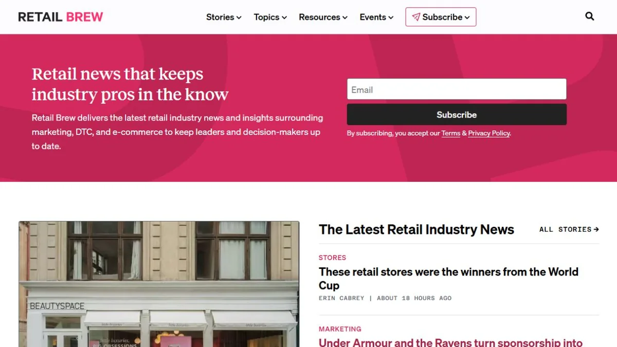 Retail Brew newsletter homepage hero and news