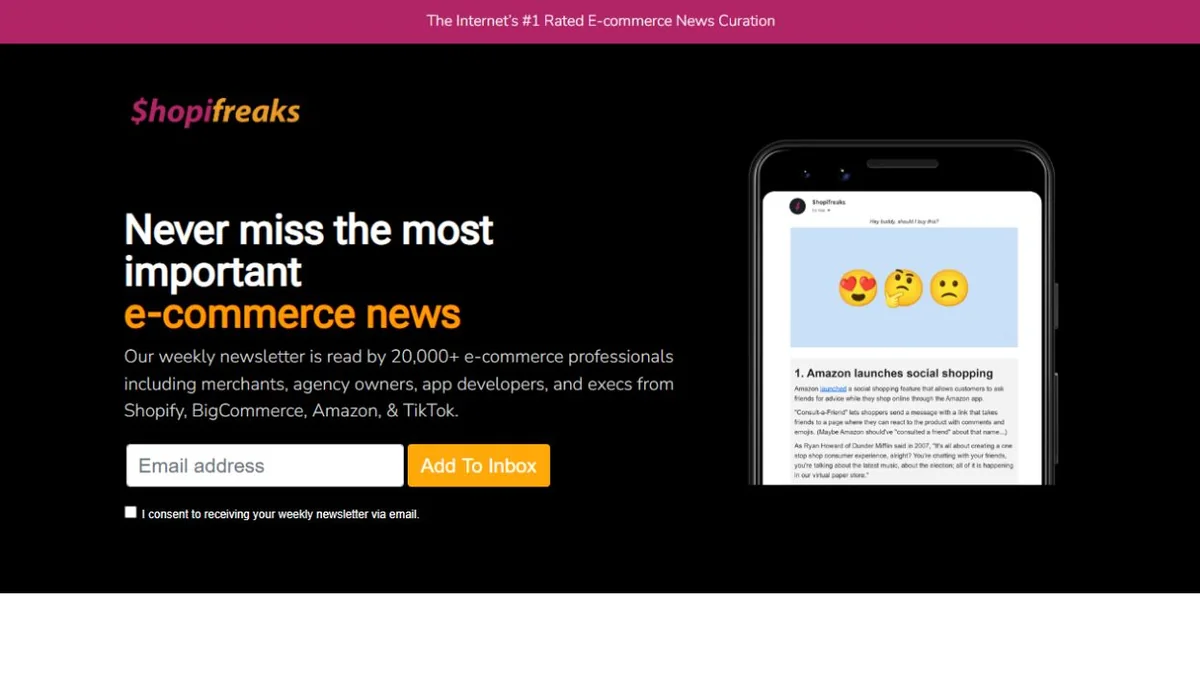 Shopifreaks newsletter landing hero