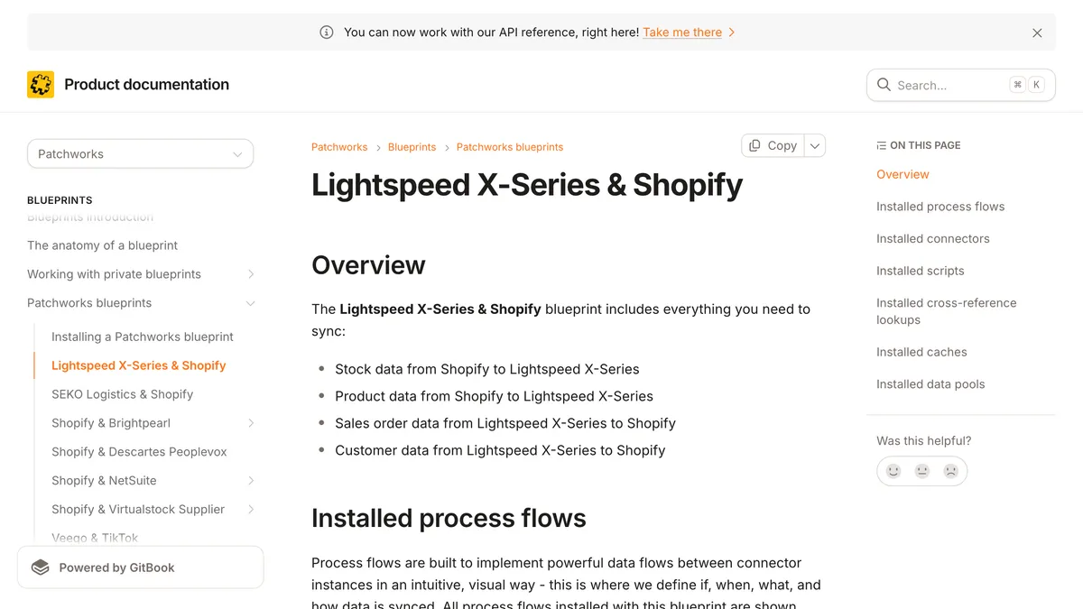Patchworks' documentation for its Lightspeed X-Series and Shopify blueprint. The overview lists four syncs: stock data and product data from Shopify to Lightspeed X-Series, and sales order data and customer data from Lightspeed X-Series to Shopify.