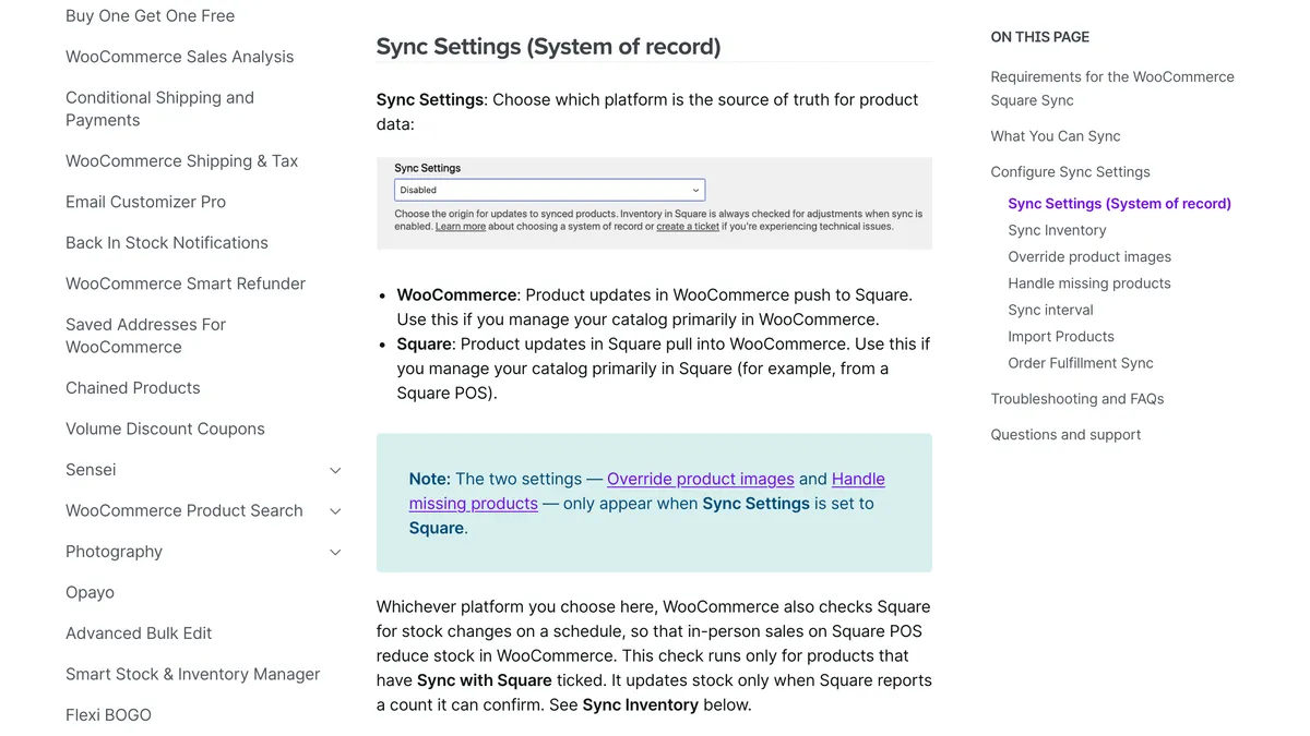 The Sync Settings section of WooCommerce's documentation for its Square extension. A dropdown sets which platform is the source of truth for product data: choosing WooCommerce pushes product updates to Square, and choosing Square pulls product updates from Square into WooCommerce.