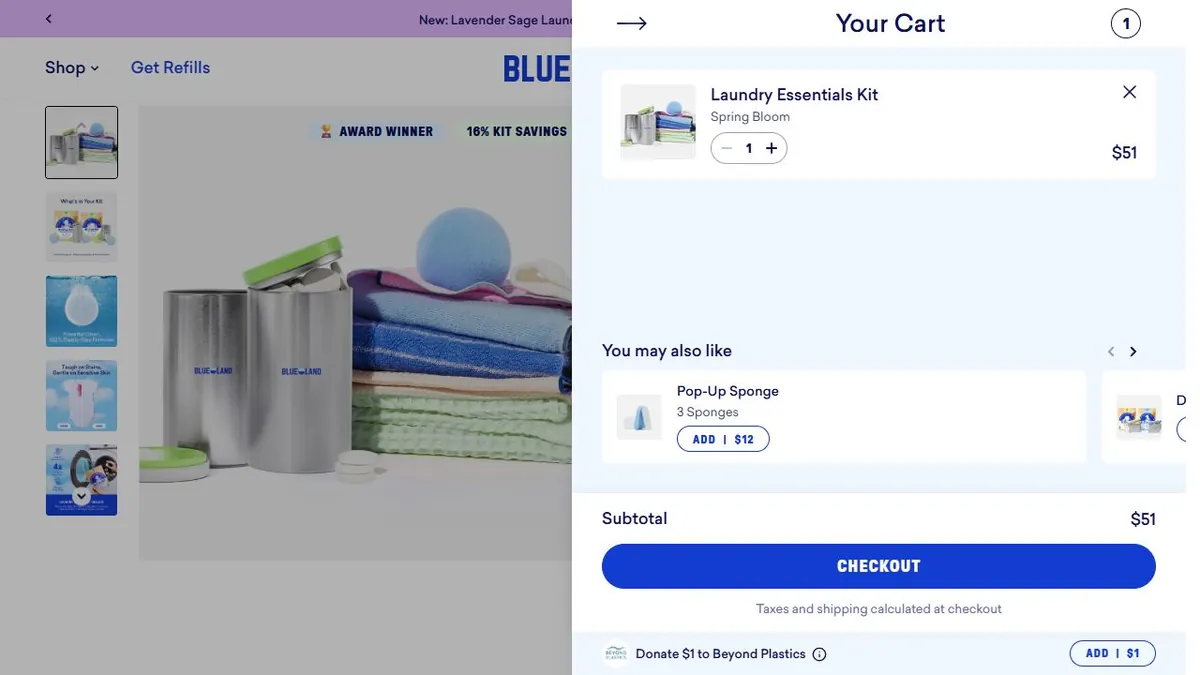 Blueland's cart drawer confirming the Laundry Essentials Kit in Spring Bloom, quantity 1, with a subtotal and checkout button.
