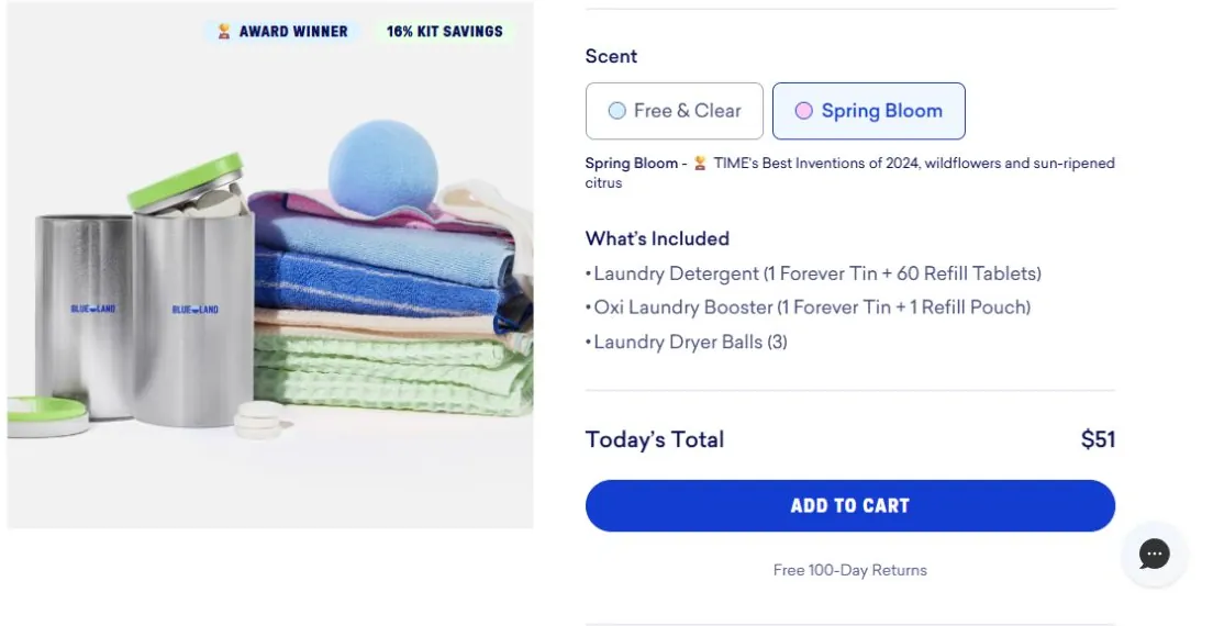 Blueland's Laundry Essentials Kit purchase area showing the selected Spring Bloom scent, kit contents, total, Add to cart button and free 100-day returns.