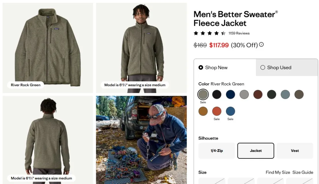 Patagonia Better Sweater product page with product and model photos, an in-use scene and model sizing labels.