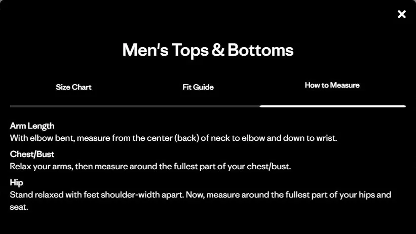 Patagonia's size guide showing instructions for measuring arm length, chest and hips.