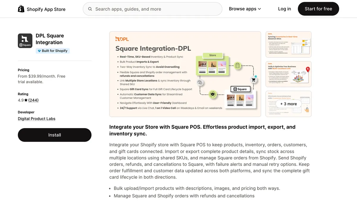 DPL Square Integration's listing in the Shopify App Store, from $39.99 a month with a free trial and a 4.9-star rating from 244 reviews. Its summary reads: integrate your store with Square POS, with product import, export and inventory sync.