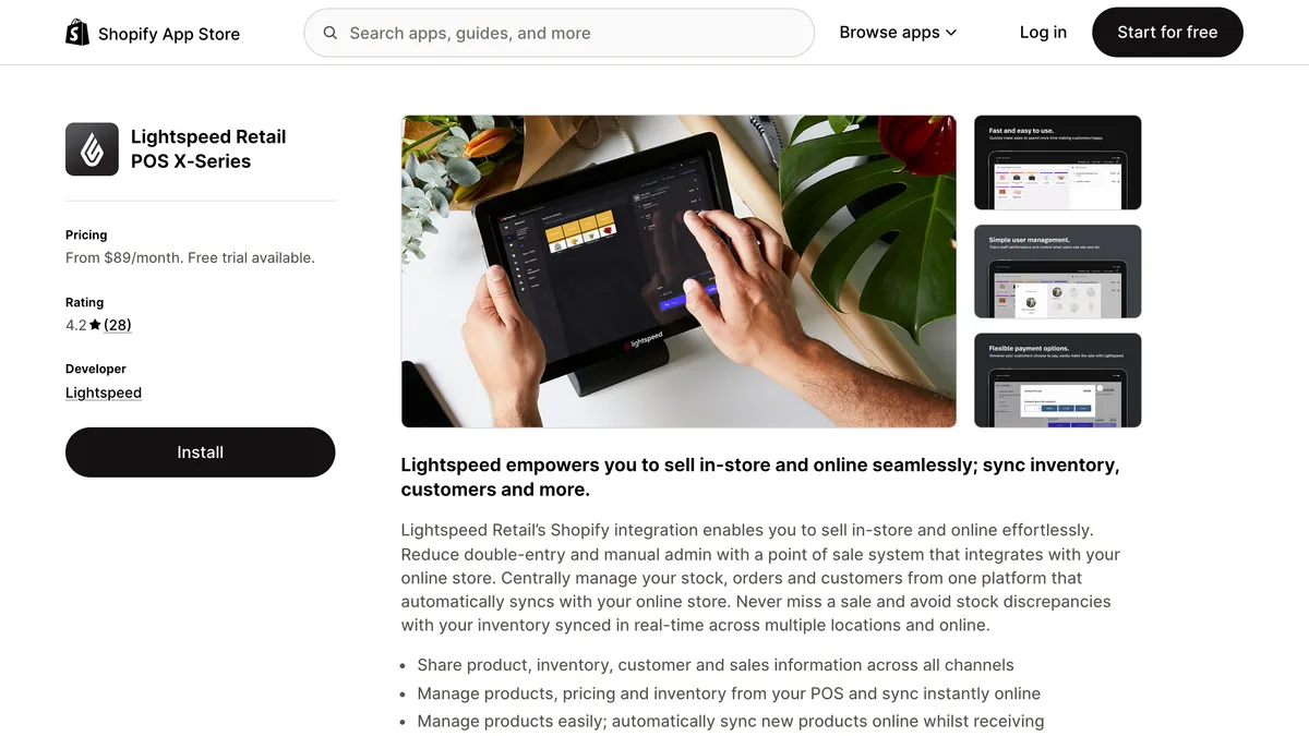 Lightspeed Retail POS X-Series in the Shopify App Store, from $89 a month with a free trial, developed by Lightspeed. The listing says the integration shares product, inventory, customer and sales information across all channels.