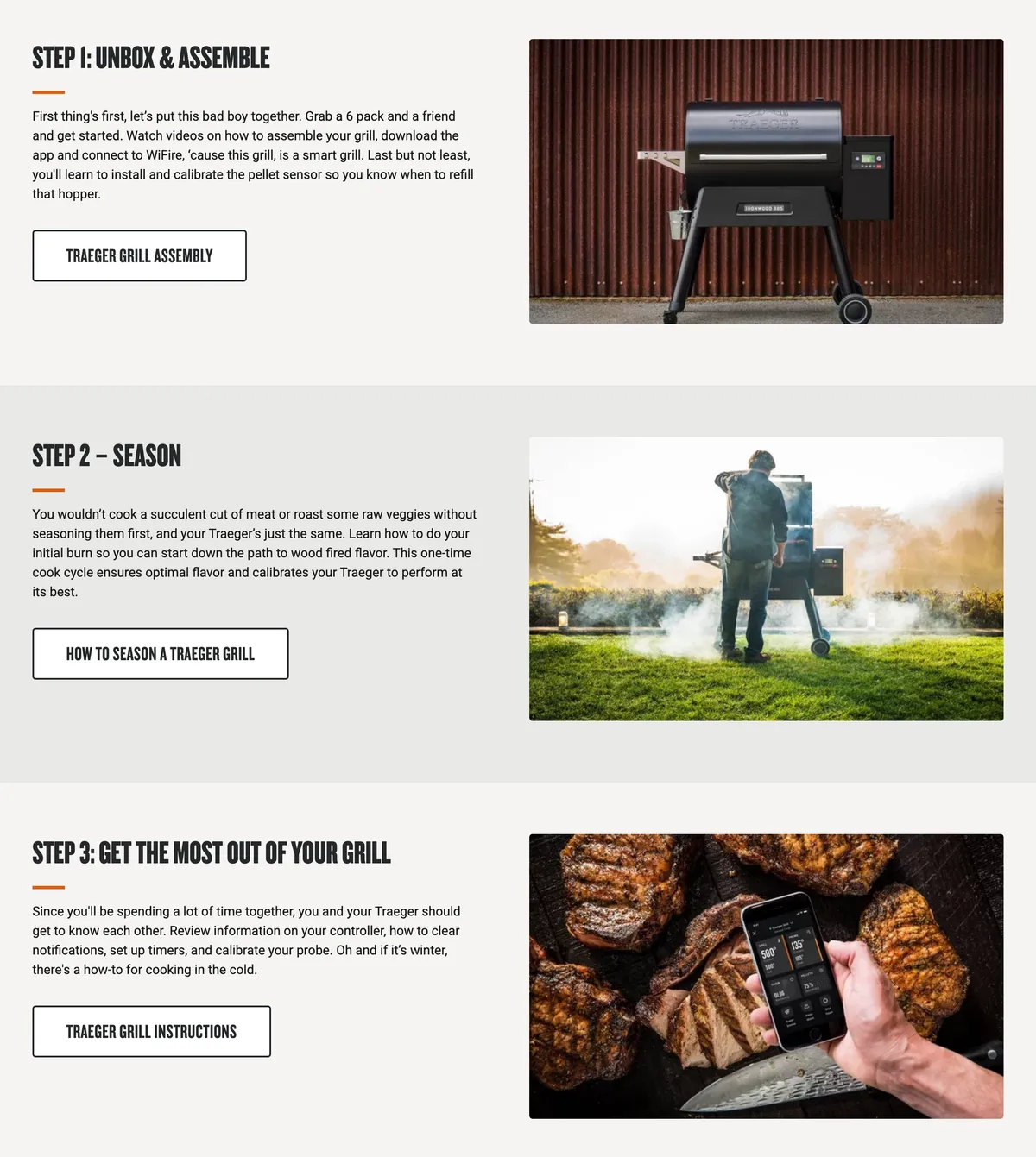 Traeger's Getting Started page in three steps. Step 1, Unbox and assemble, covers assembly videos, downloading the app, connecting to WiFire and calibrating the pellet sensor so owners know when to refill the hopper. Step 2, Season, explains the one-time initial burn. Step 3, Get the most out of your grill, covers the controller, timers, the probe and a how-to for cooking in the cold.