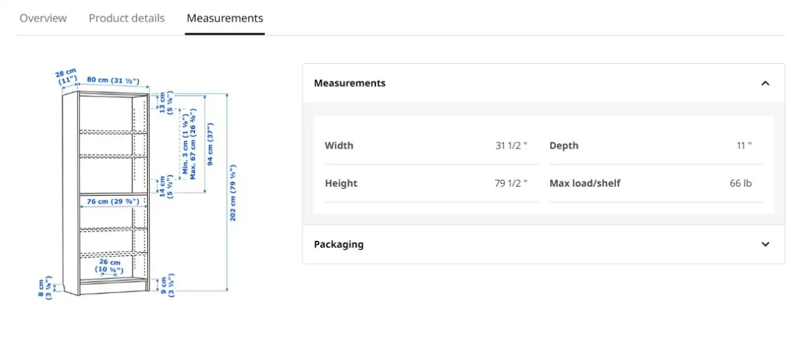 IKEA BILLY Measurements section with a dimension drawing and a table showing width, depth, height and maximum shelf load.