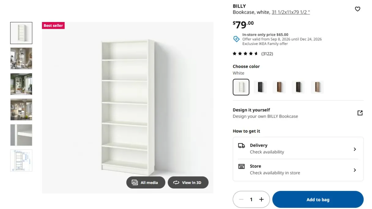 IKEA BILLY product page with a photo gallery beside the title, price, color choices, availability checks and Add to bag button.