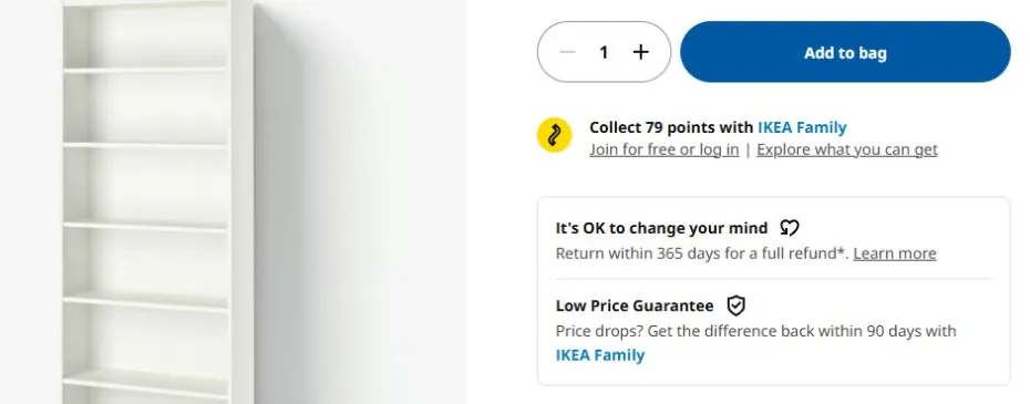 IKEA BILLY product page with the Add to bag button above a returns summary and a Learn more policy link.